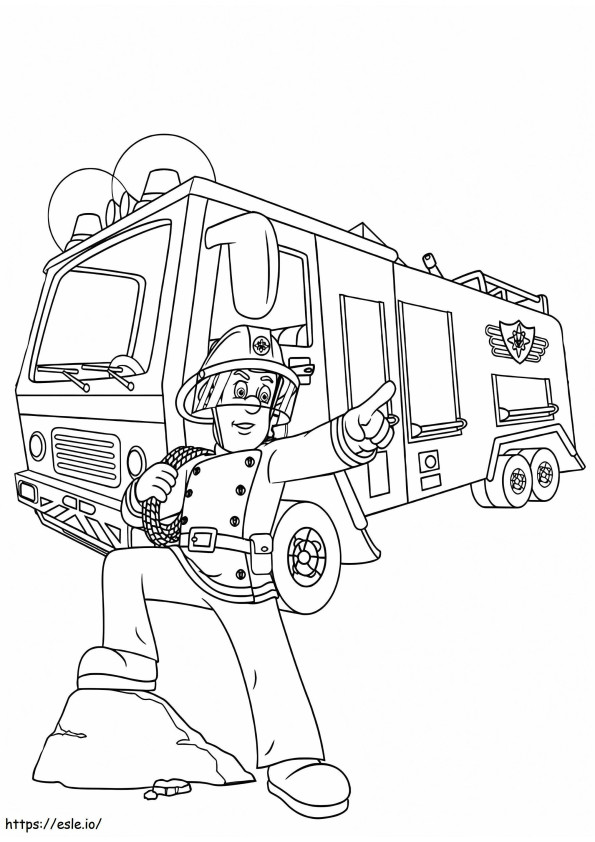 Coloriage Sam le pompier cool avec un camion de pompiers à imprimer dessin