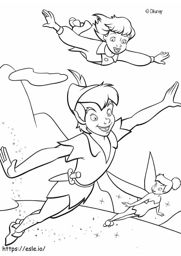 Peter Pan Wendy en Tinkerbell vliegen kleurplaat