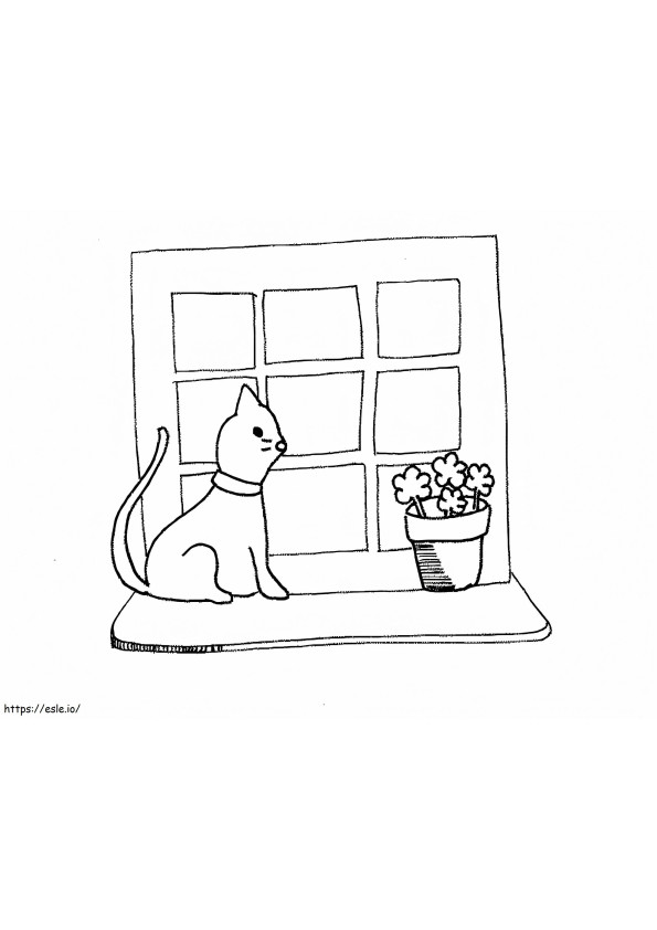 Gato na janela para colorir