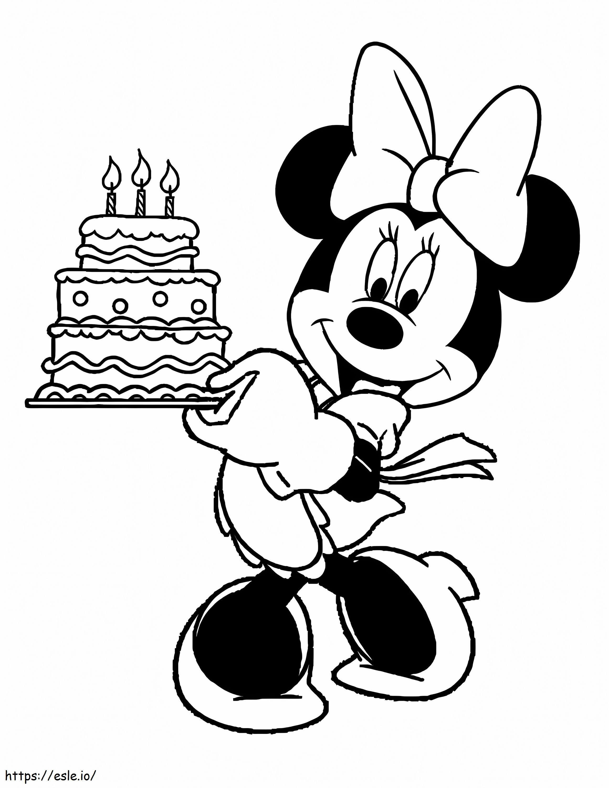 Divertida Minnie Mouse con pastel de cumpleaños para colorear