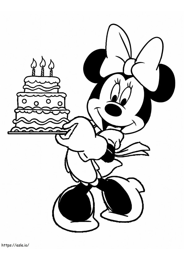 Leuke Minnie Mouse met verjaardagstaart kleurplaat