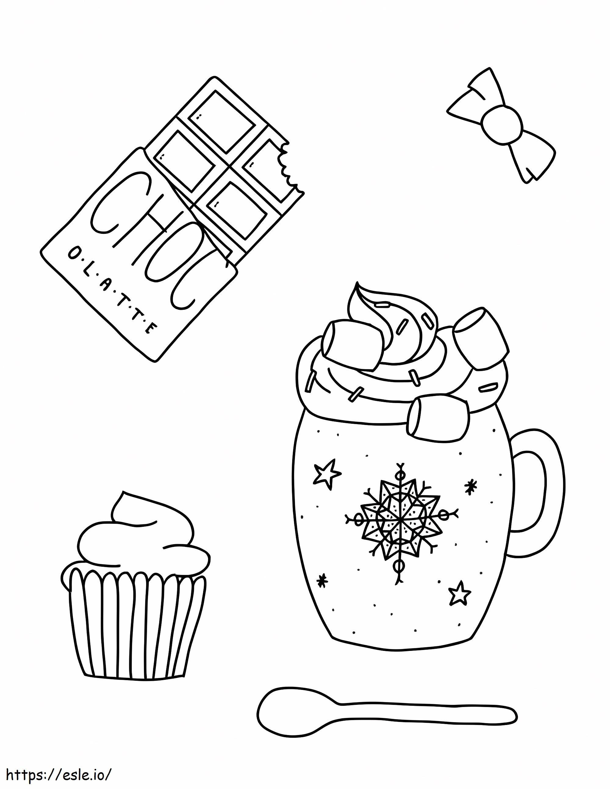 Coloriage Chocolat chaud et cupcake à imprimer dessin