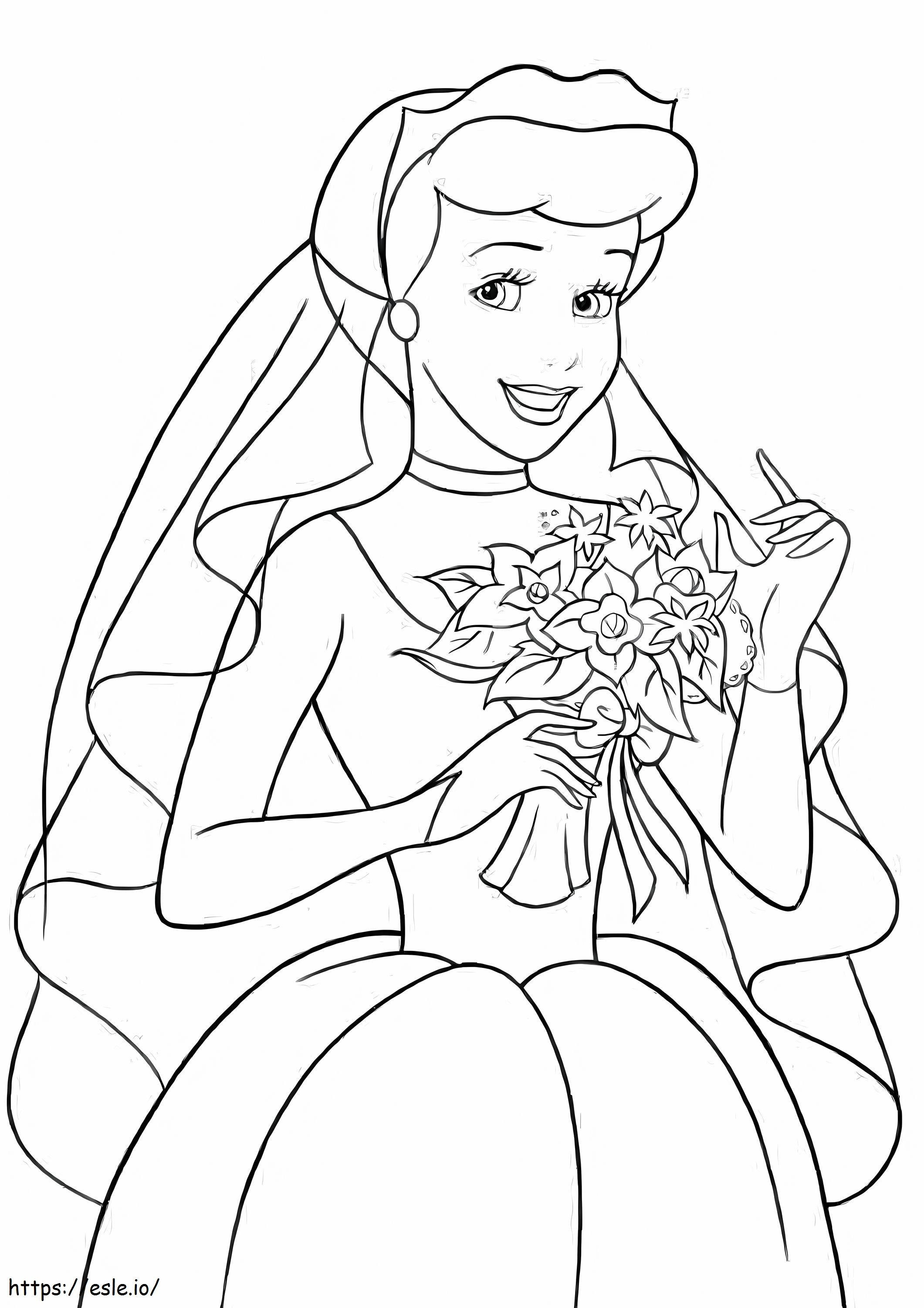 Coloriage Mariée Cendrillon avec bouquet de fleurs à imprimer dessin