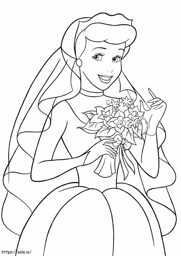 Noiva Cinderela com buquê de flores para colorir