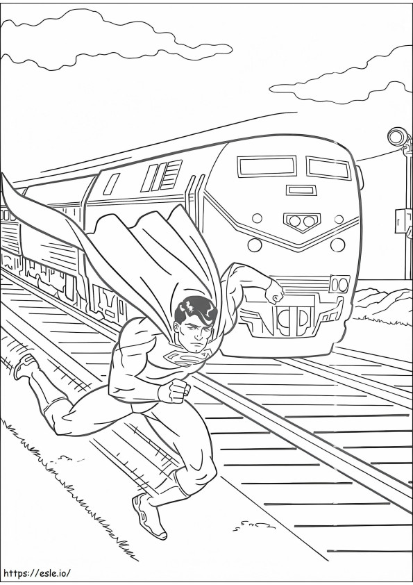 Coloriage Superman volant avec un train à imprimer dessin