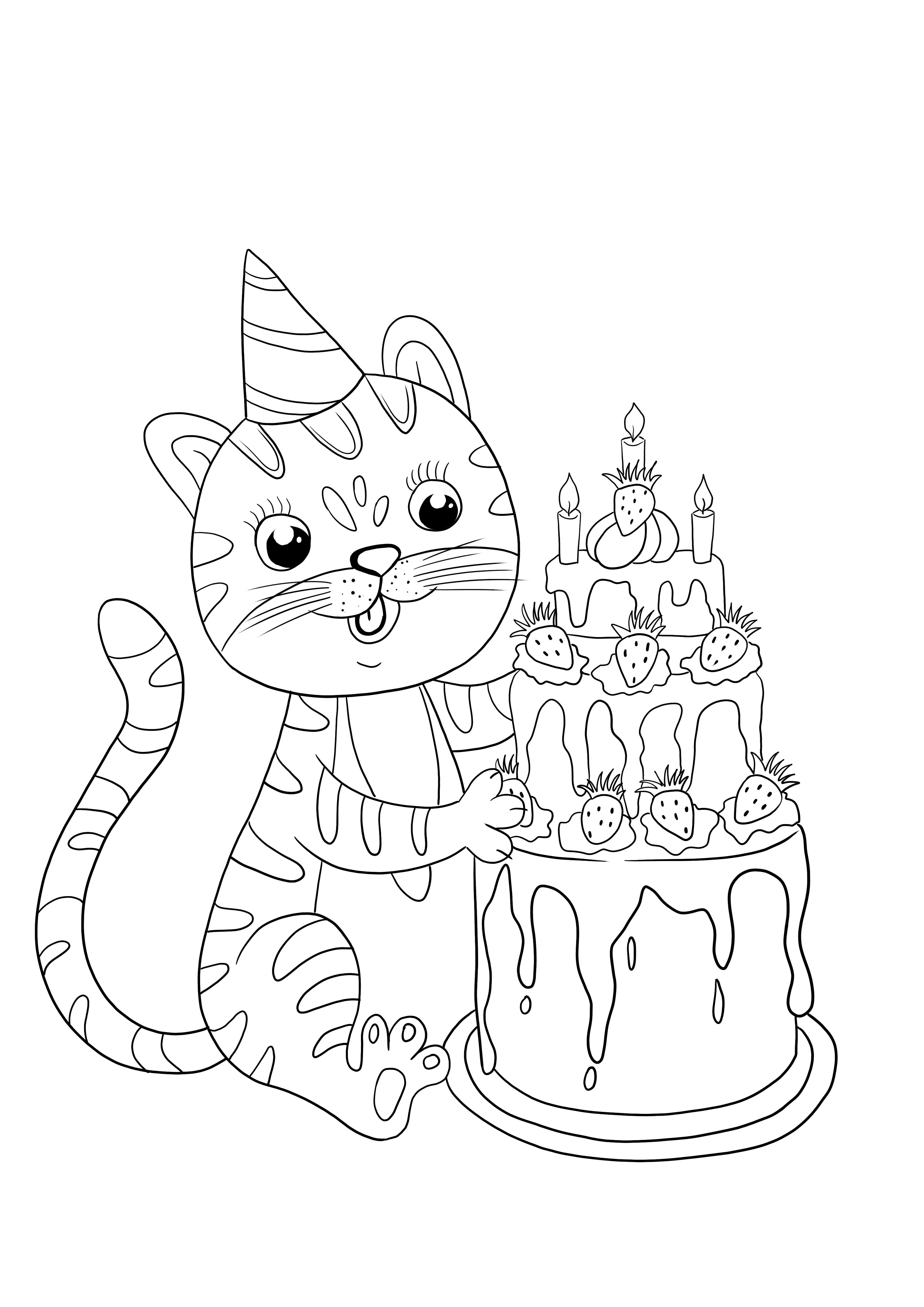 Birthday cat card for children to color and print