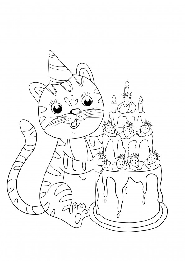 Birthday cat card for children to color and print