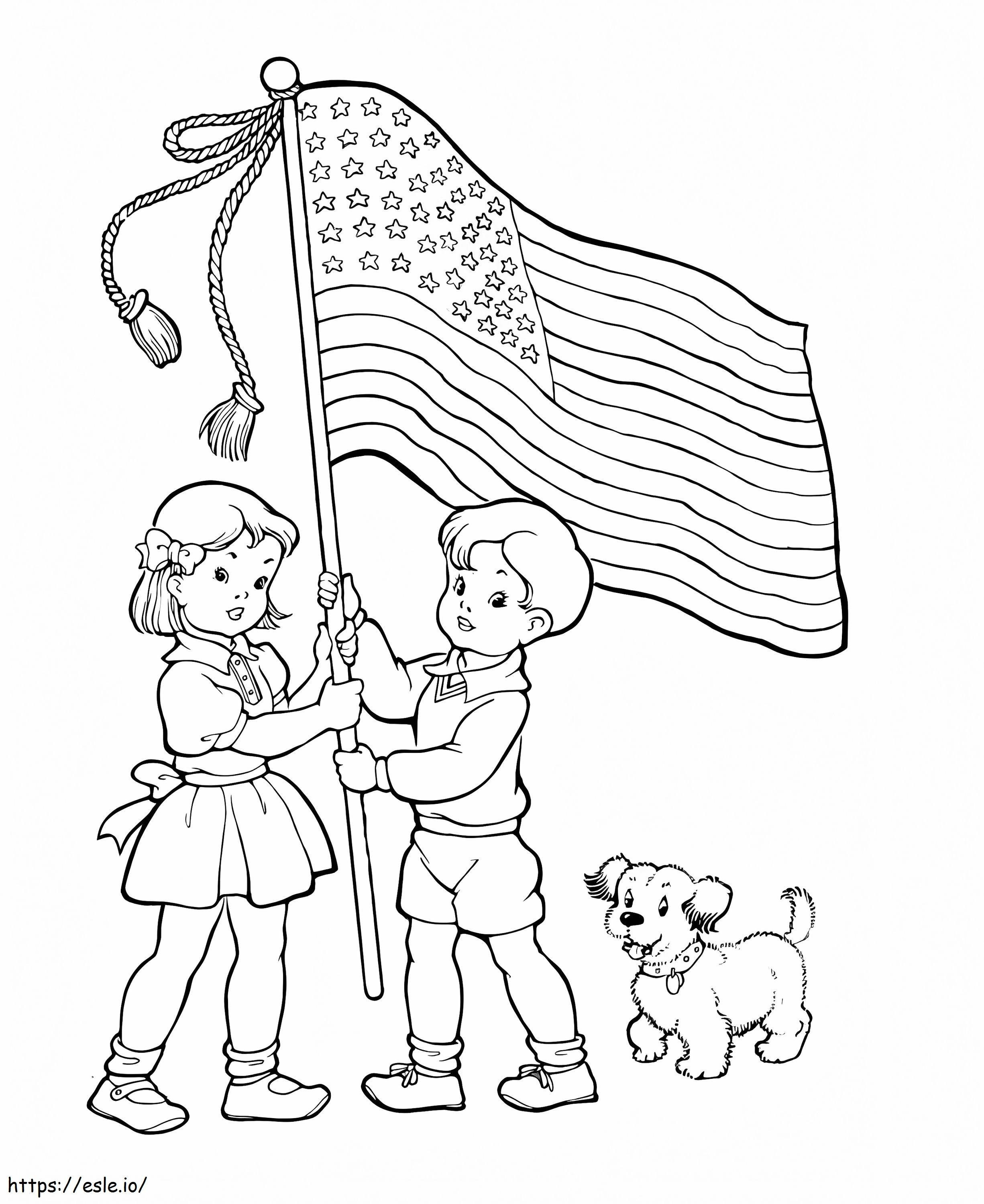 国旗の日を持つ子供たち ぬりえ - 塗り絵