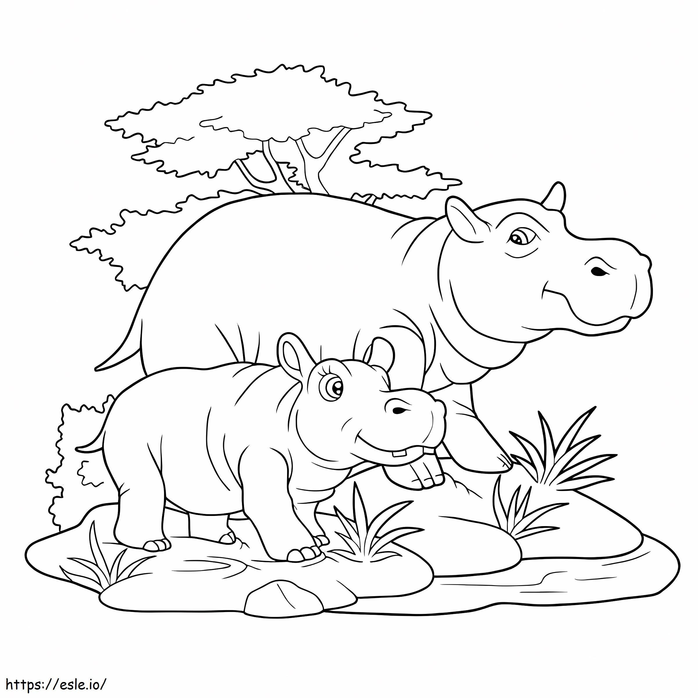 Coloriage Hippopotame de base, mère et bébé hippopotame à imprimer dessin