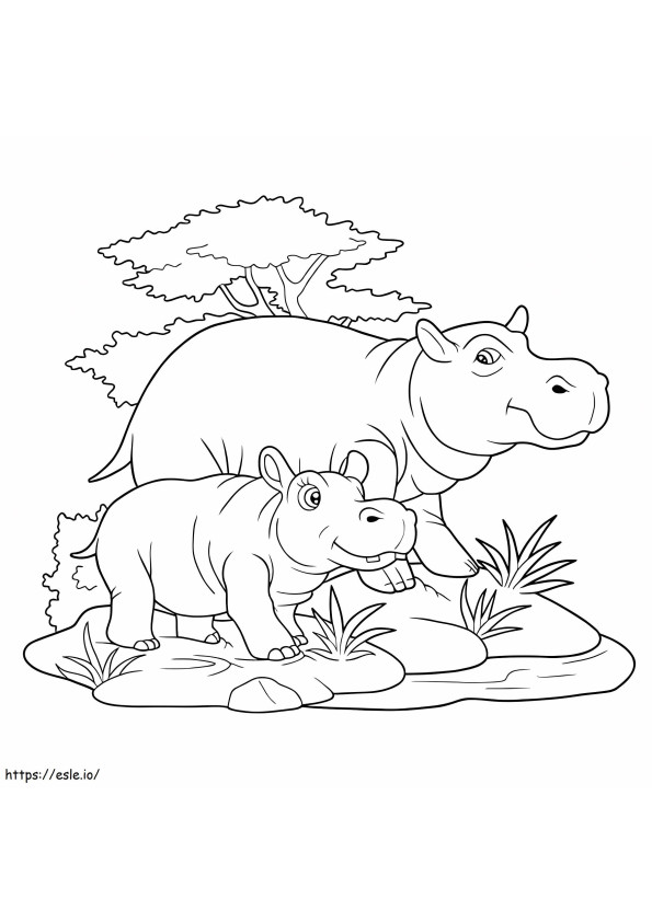 Mãe hipopótamo básica e bebê hipopótamo para colorir