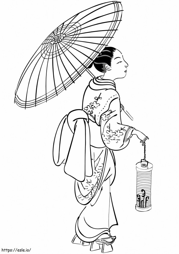 Japanilainen nainen sateenvarjolla värityskuva