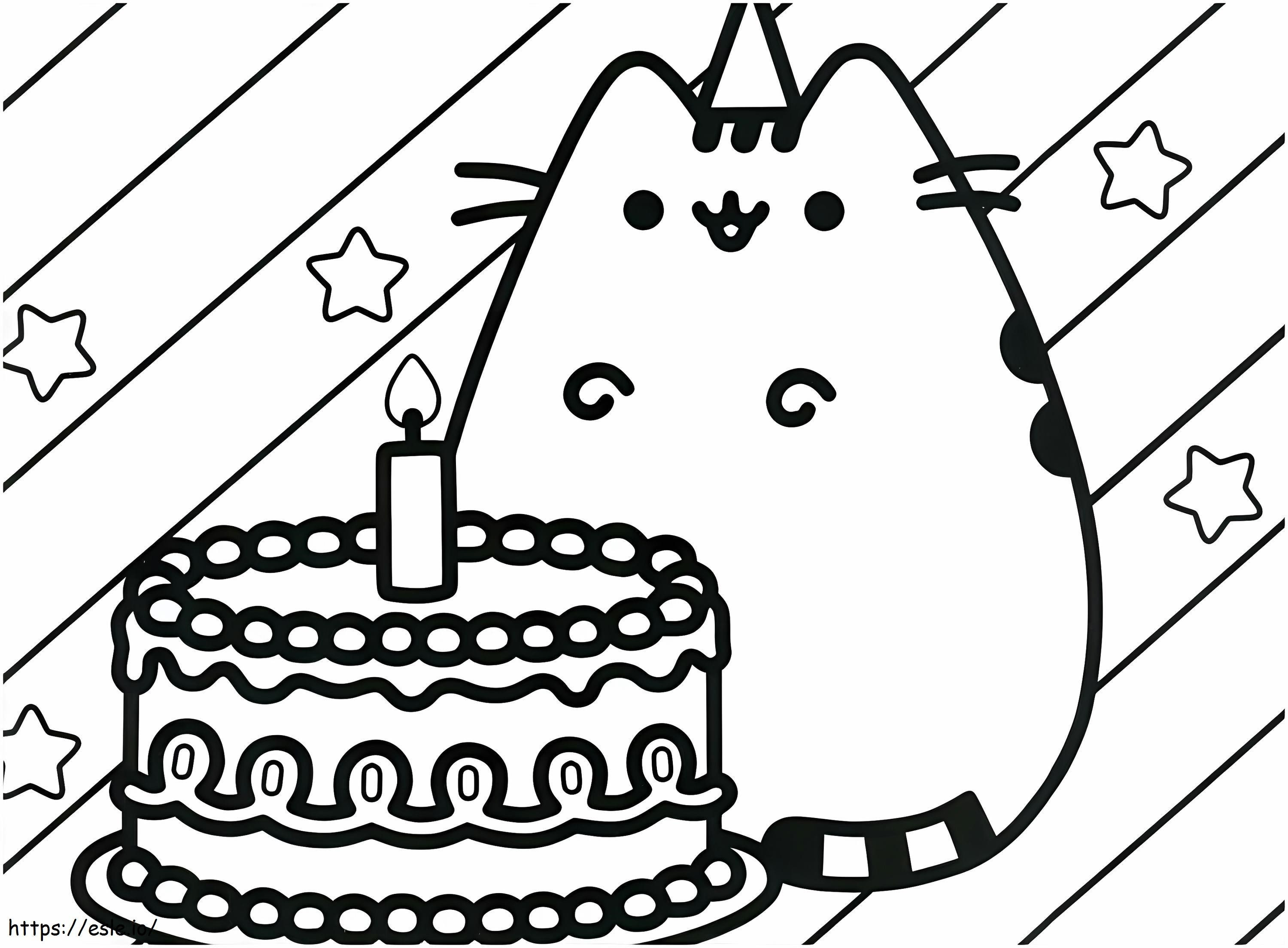Pusheen com bolo de aniversário para colorir