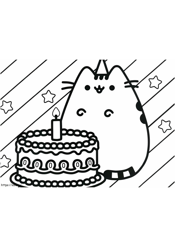 Coloriage Pusheen avec un gâteau d'anniversaire à imprimer dessin