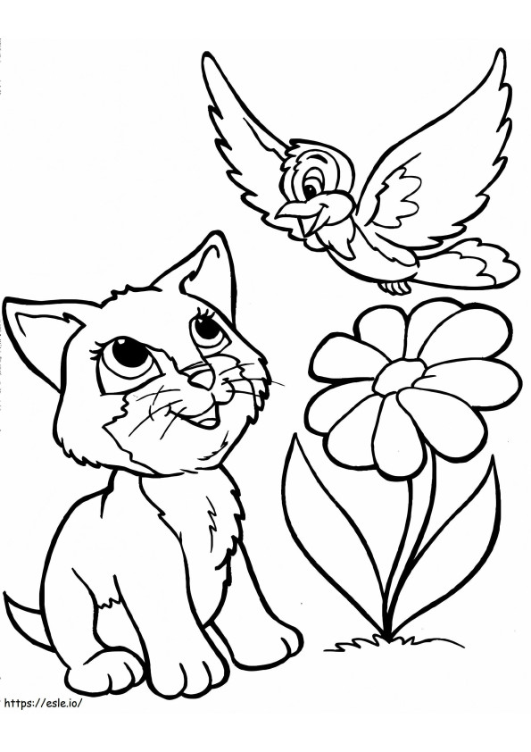 Cute Cat And Bird coloring page