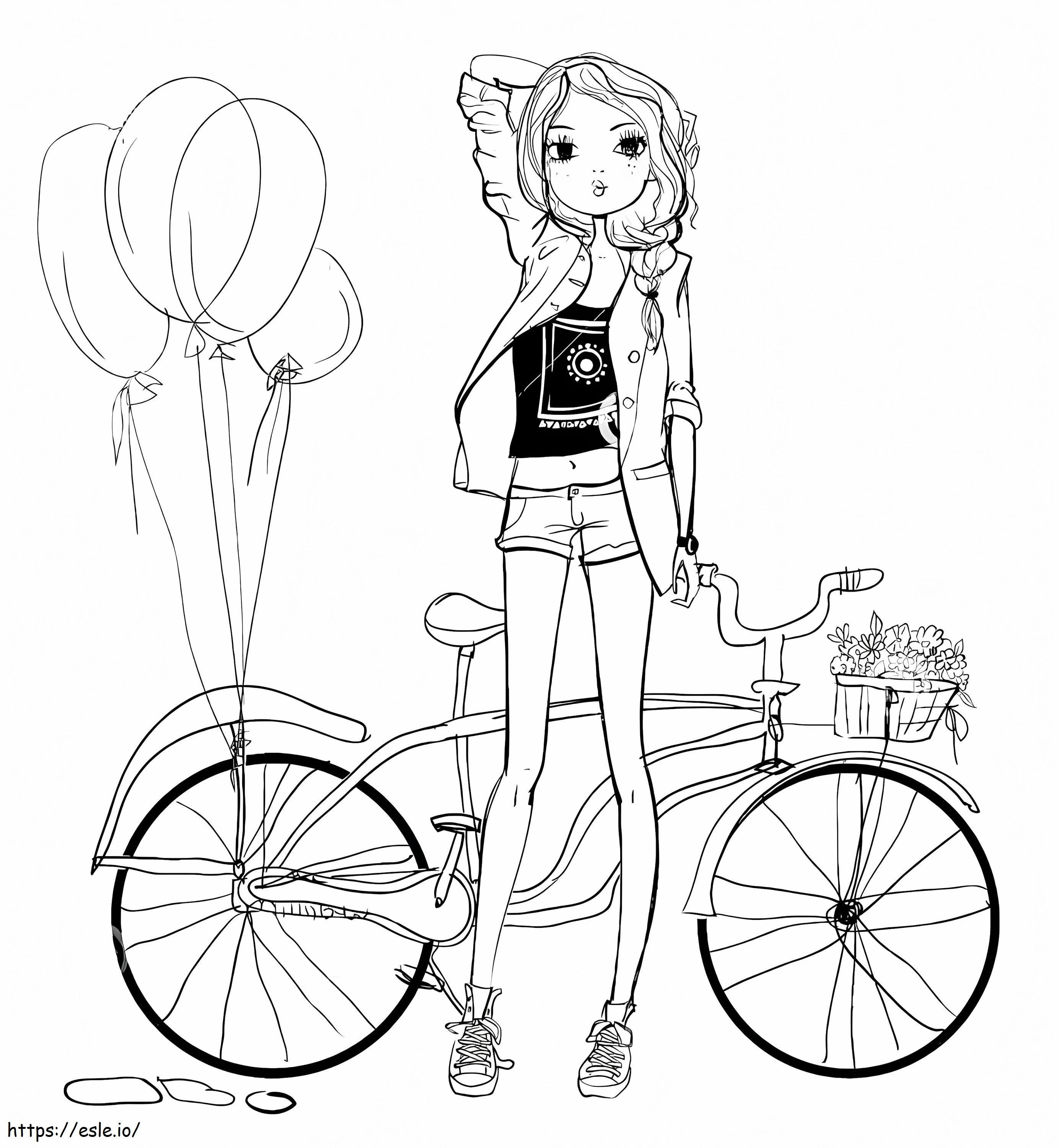Desenho de menina e bicicleta para colorir