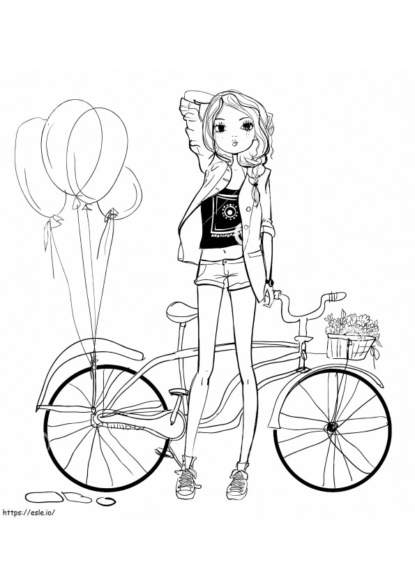 Piirustus tytöstä ja pyörästä värityskuva