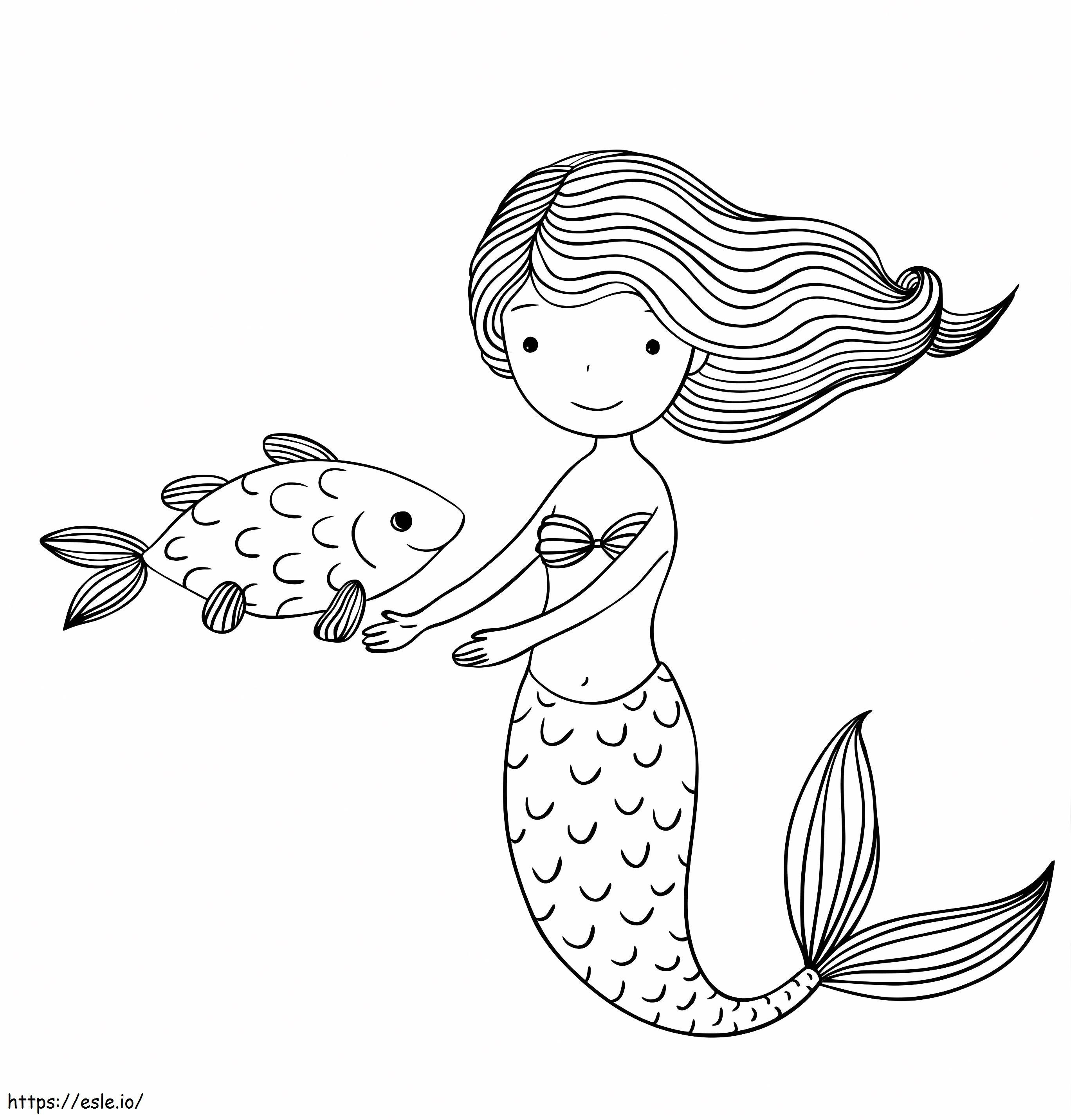 Coloriage Sirène mignonne et poisson à imprimer dessin