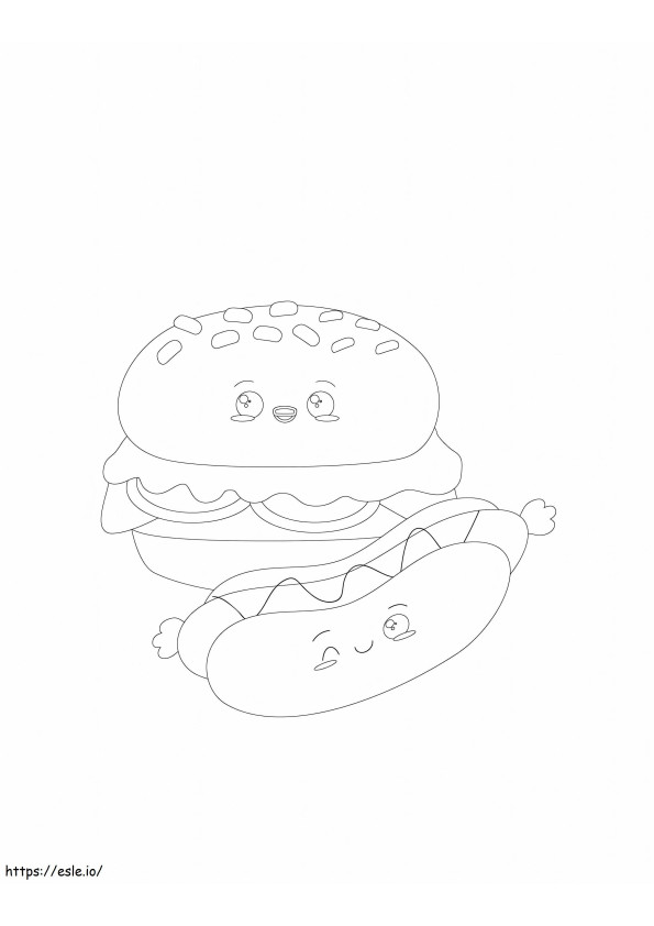 Coloriage Chibi Burger Et Chibi Hot-Dog à imprimer dessin