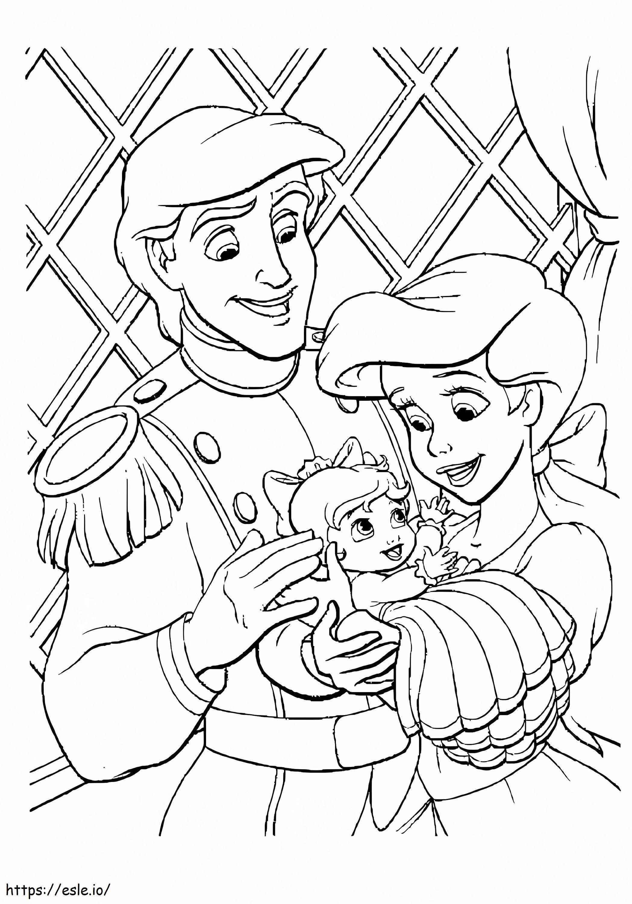 Ariel și Eric ținând copilul în brațe de colorat