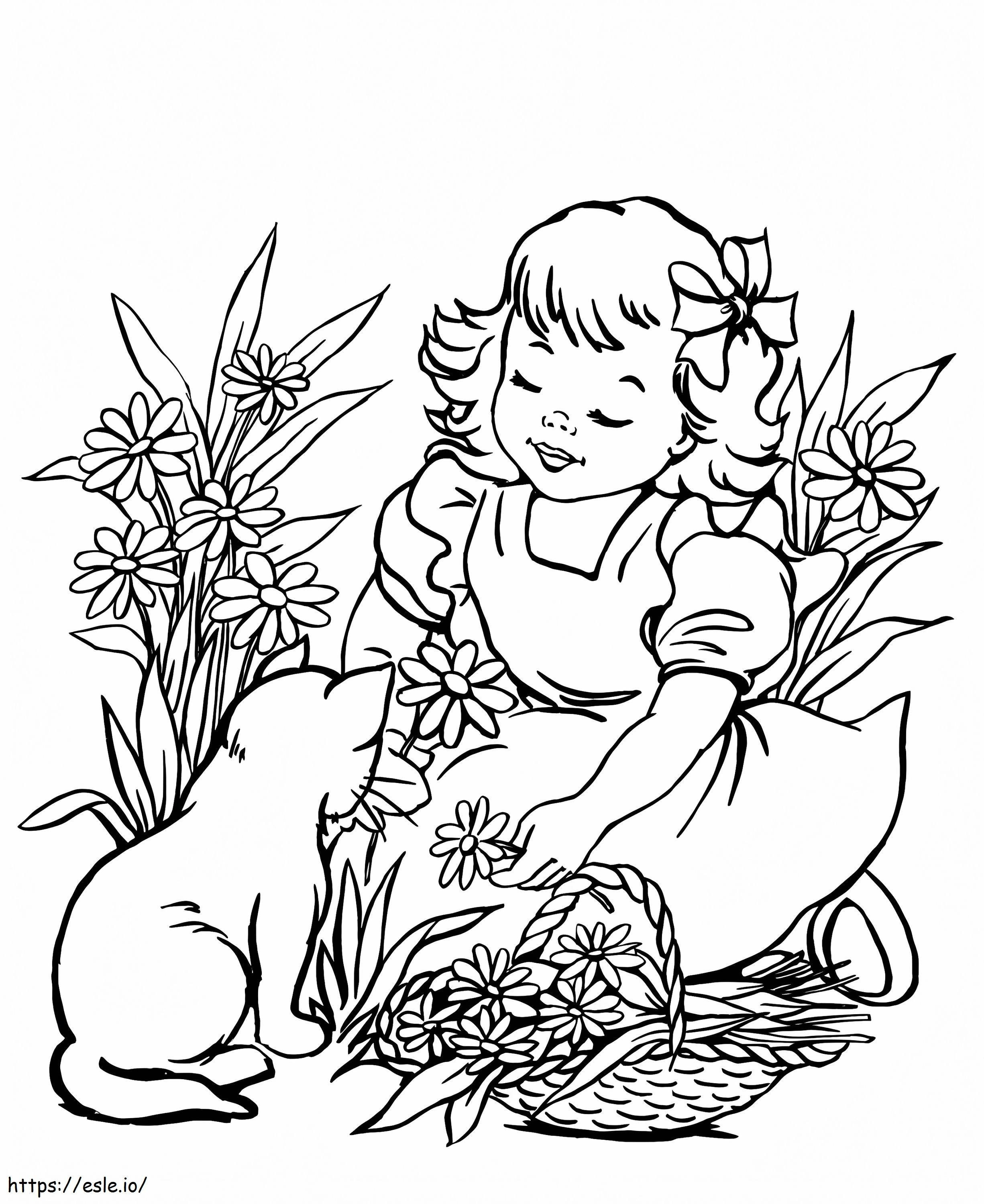 Little Girl And Cat coloring page