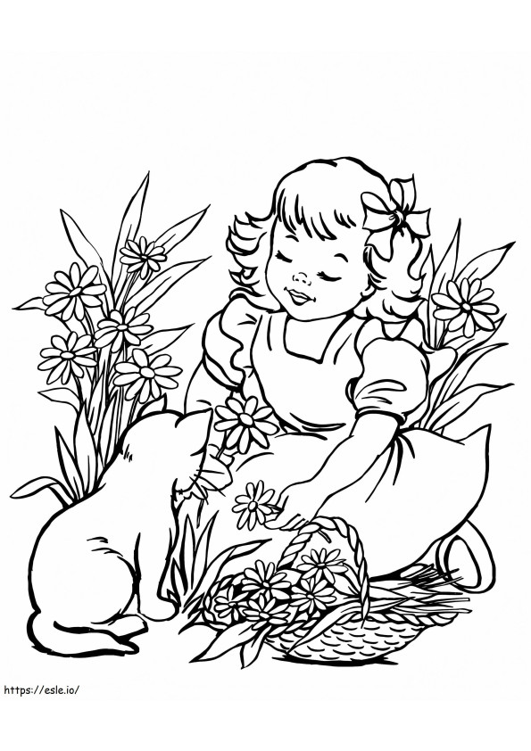 Mała Dziewczynka I Kot kolorowanka