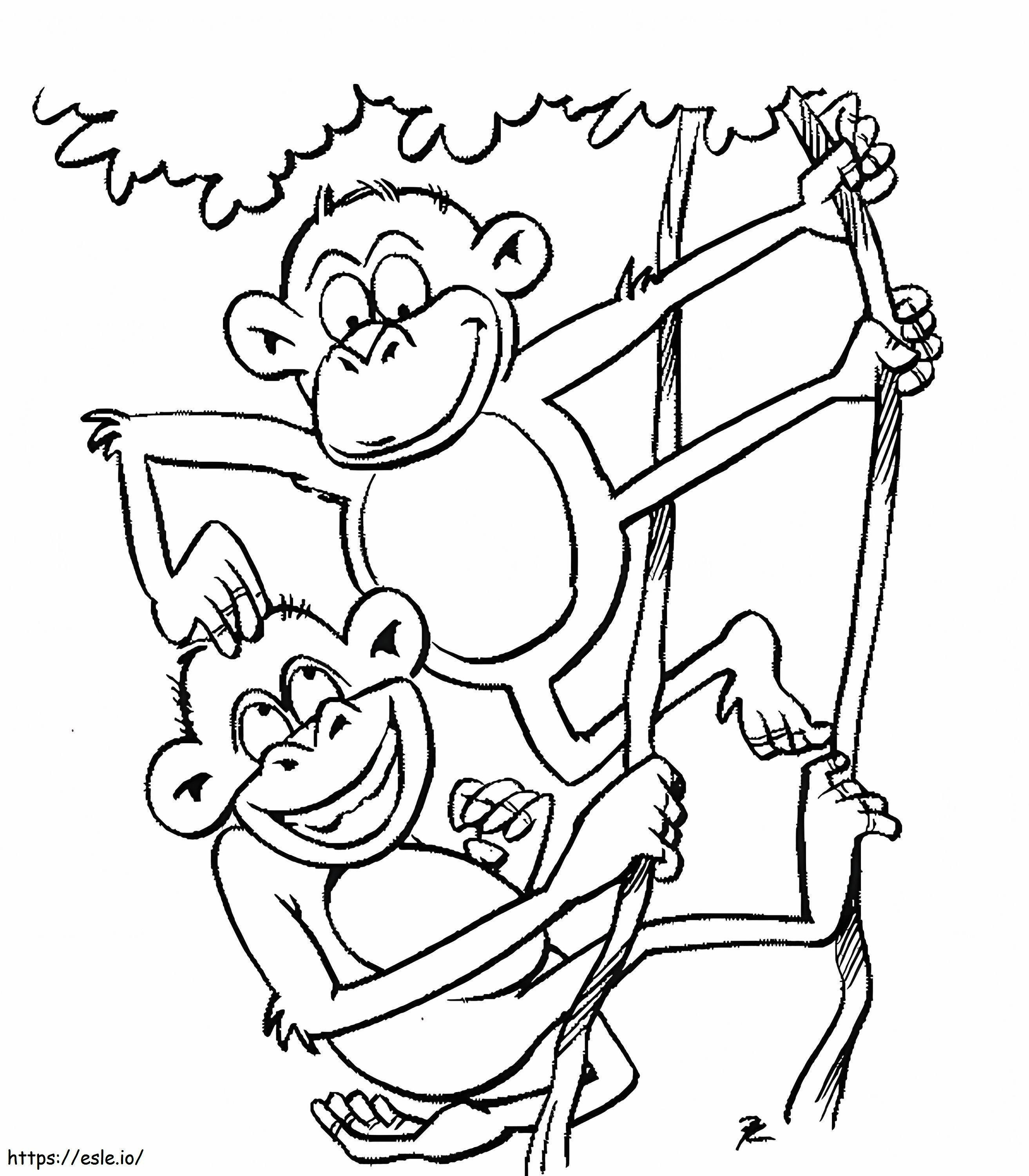 Hauskoja kaksi apinaa puun oksalla värityskuva