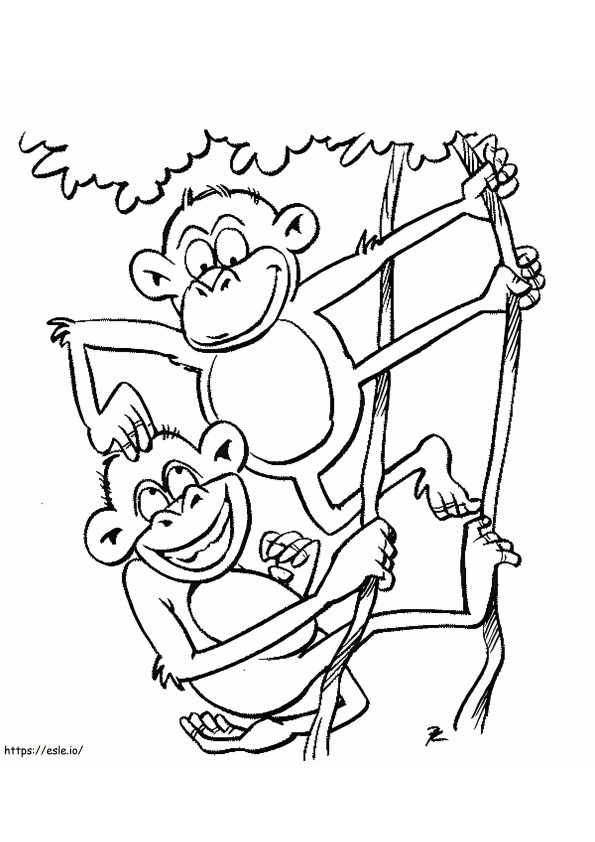 Hauskoja kaksi apinaa puun oksalla värityskuva
