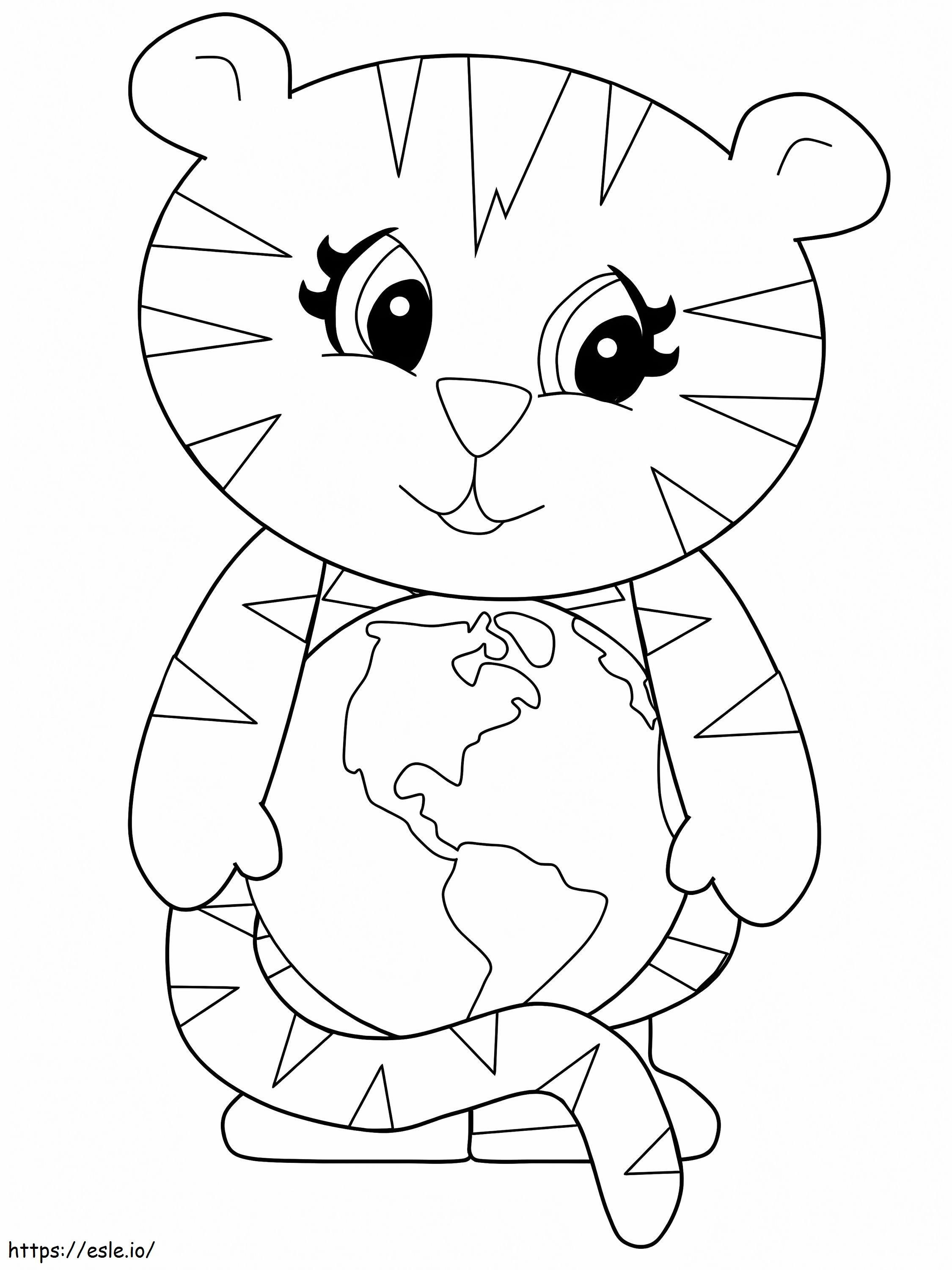 Cute Tiger And Earth Globe coloring page
