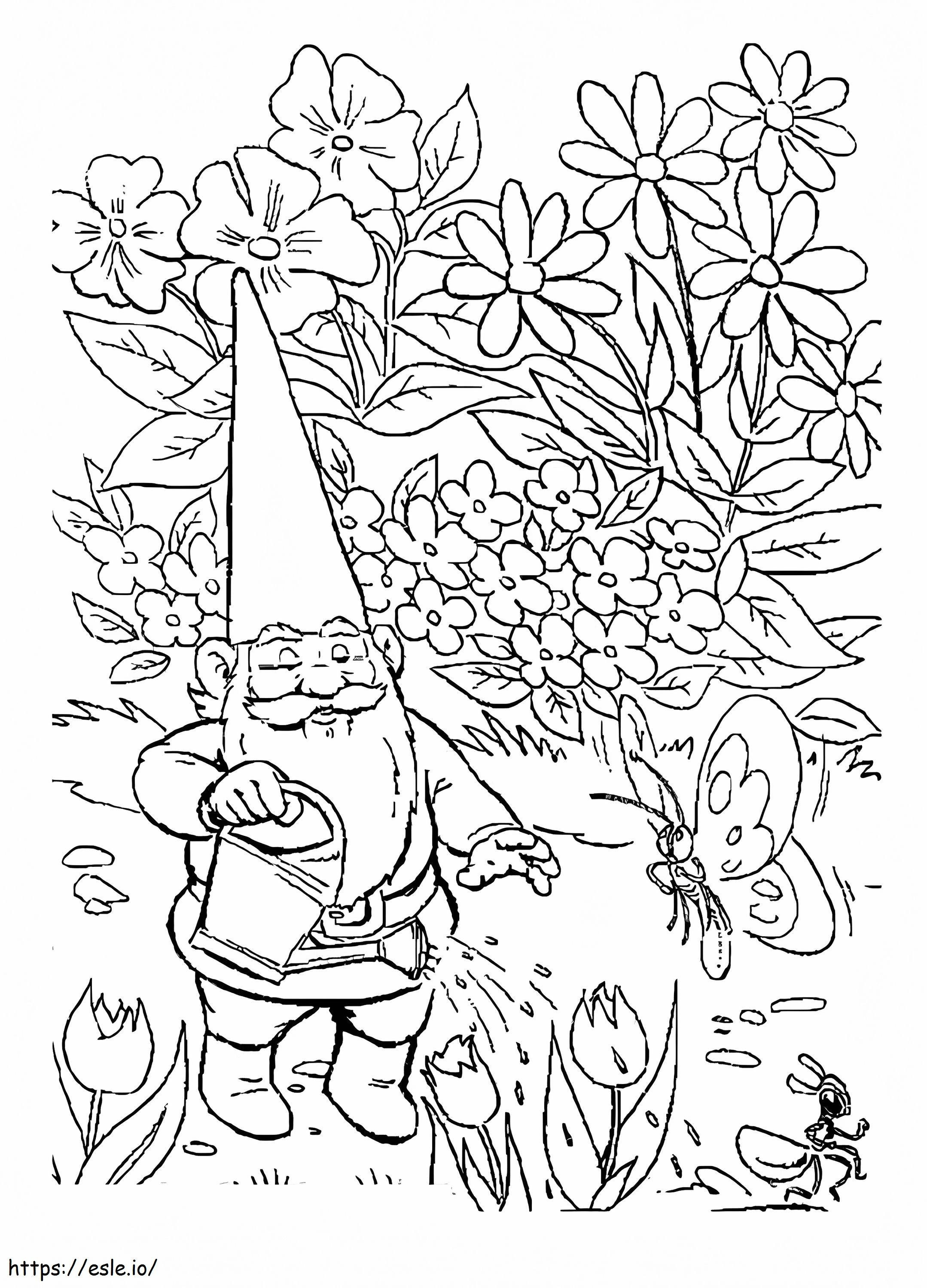 David, o gnomo, regando plantas para colorir