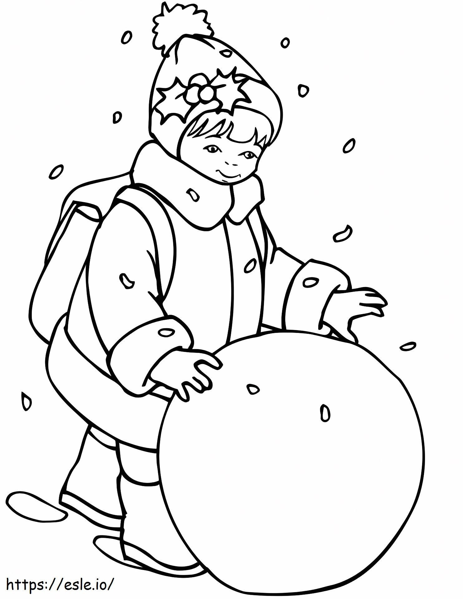 Coloriage Fille roulant une boule de neige à imprimer dessin