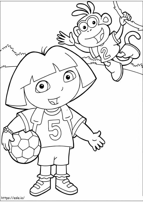 Saappaat ja Dora pelaa jalkapalloa värityskuva