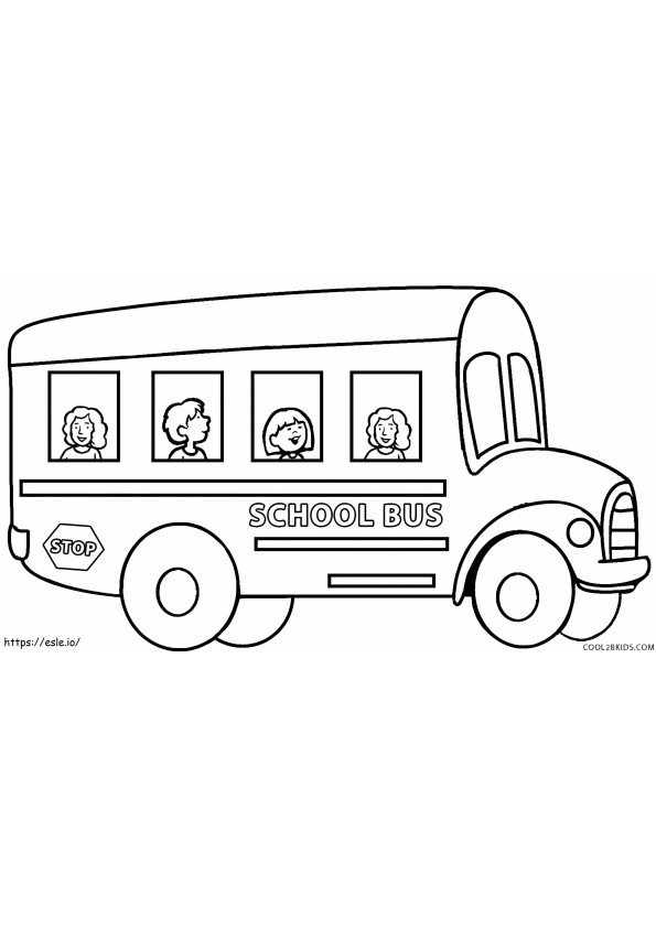 Cuatro niños en el autobús escolar para colorear