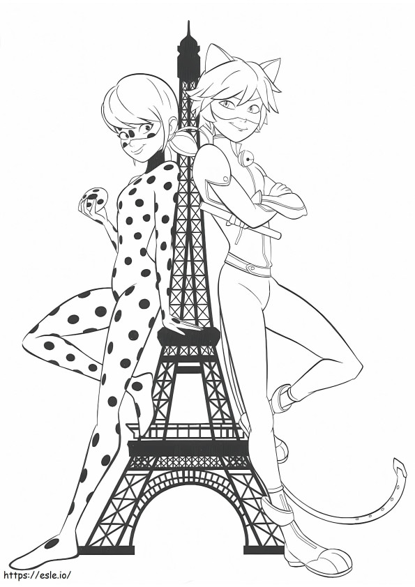 Joaninha e Cat Noir com Torre Effen para colorir
