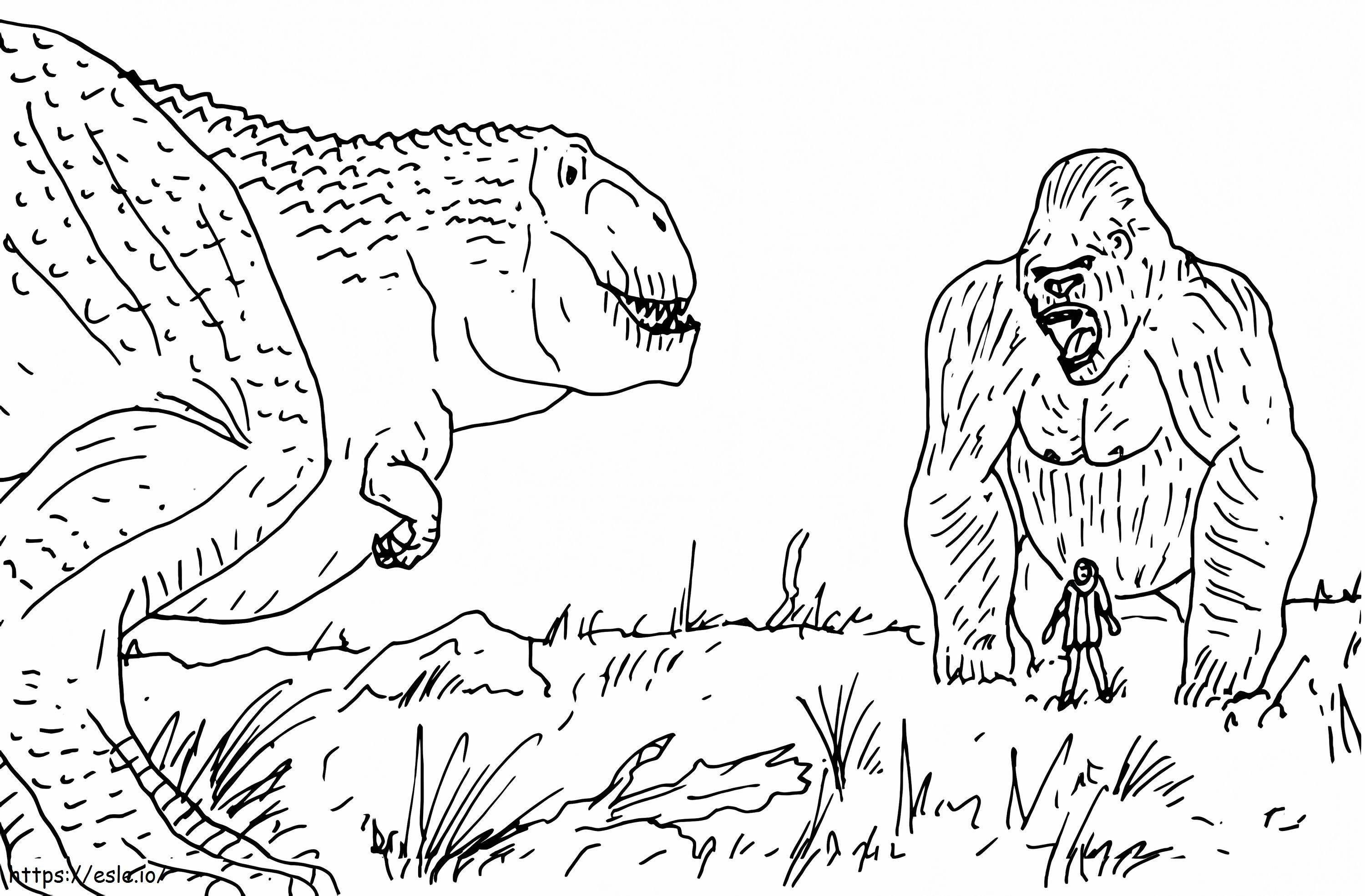 Coloriage King Kong contre. Un Tyrannosaure Rex à imprimer dessin
