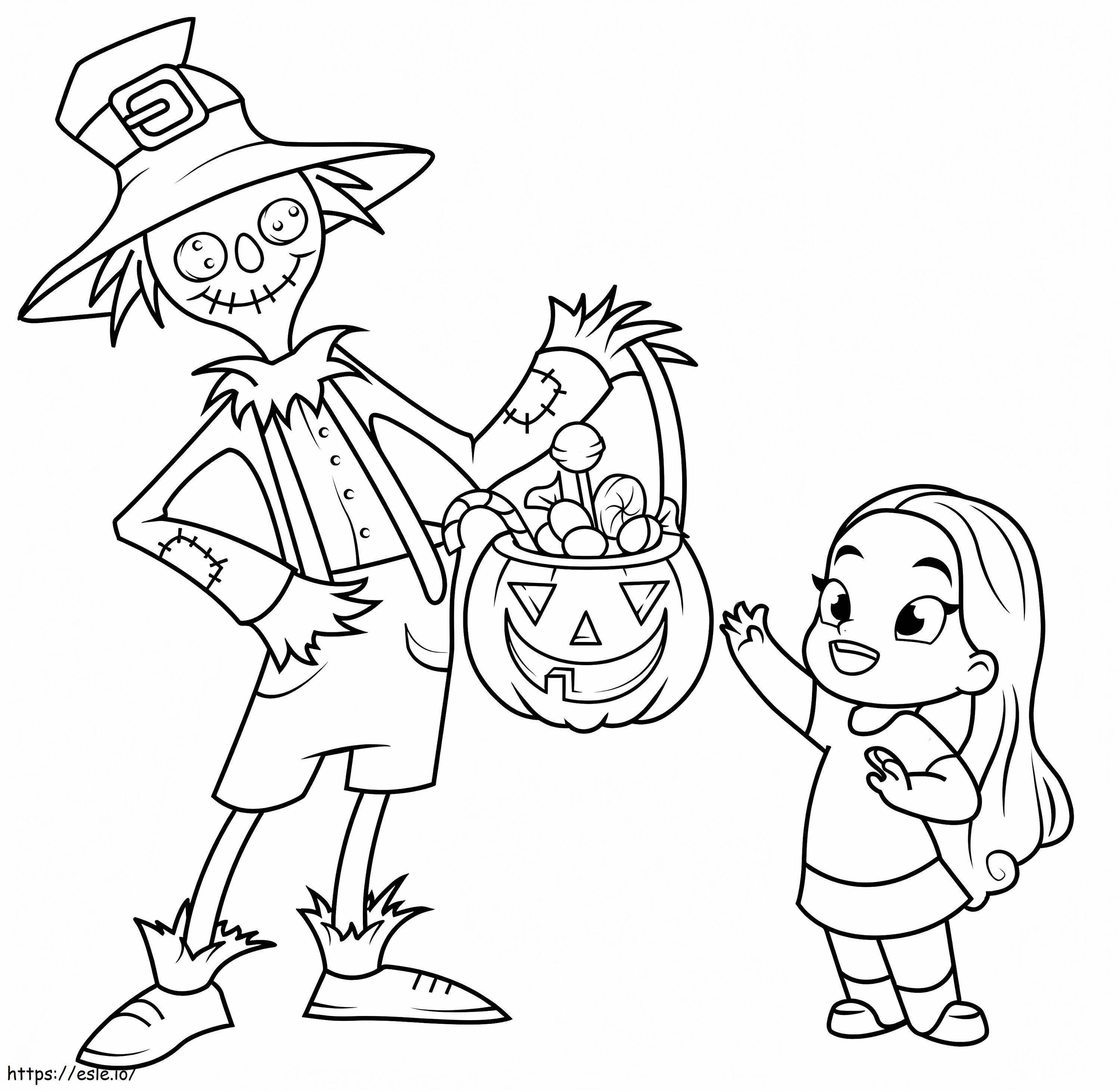 Söpö tyttö ja Scarecrow värityskuva