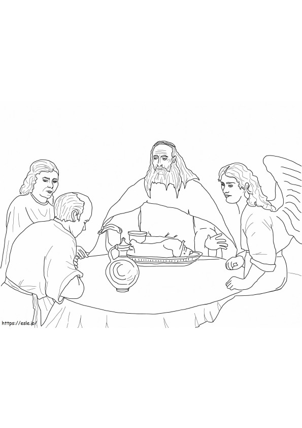 Deus e os anjos visitam Abraão para colorir