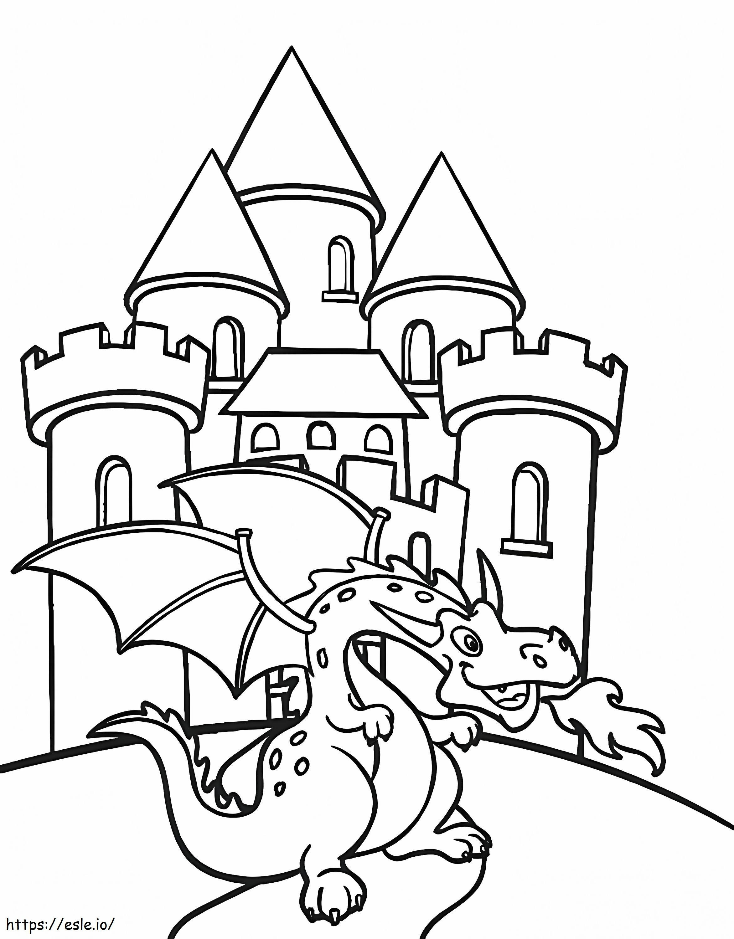 Dragão e castelo fofos para colorir