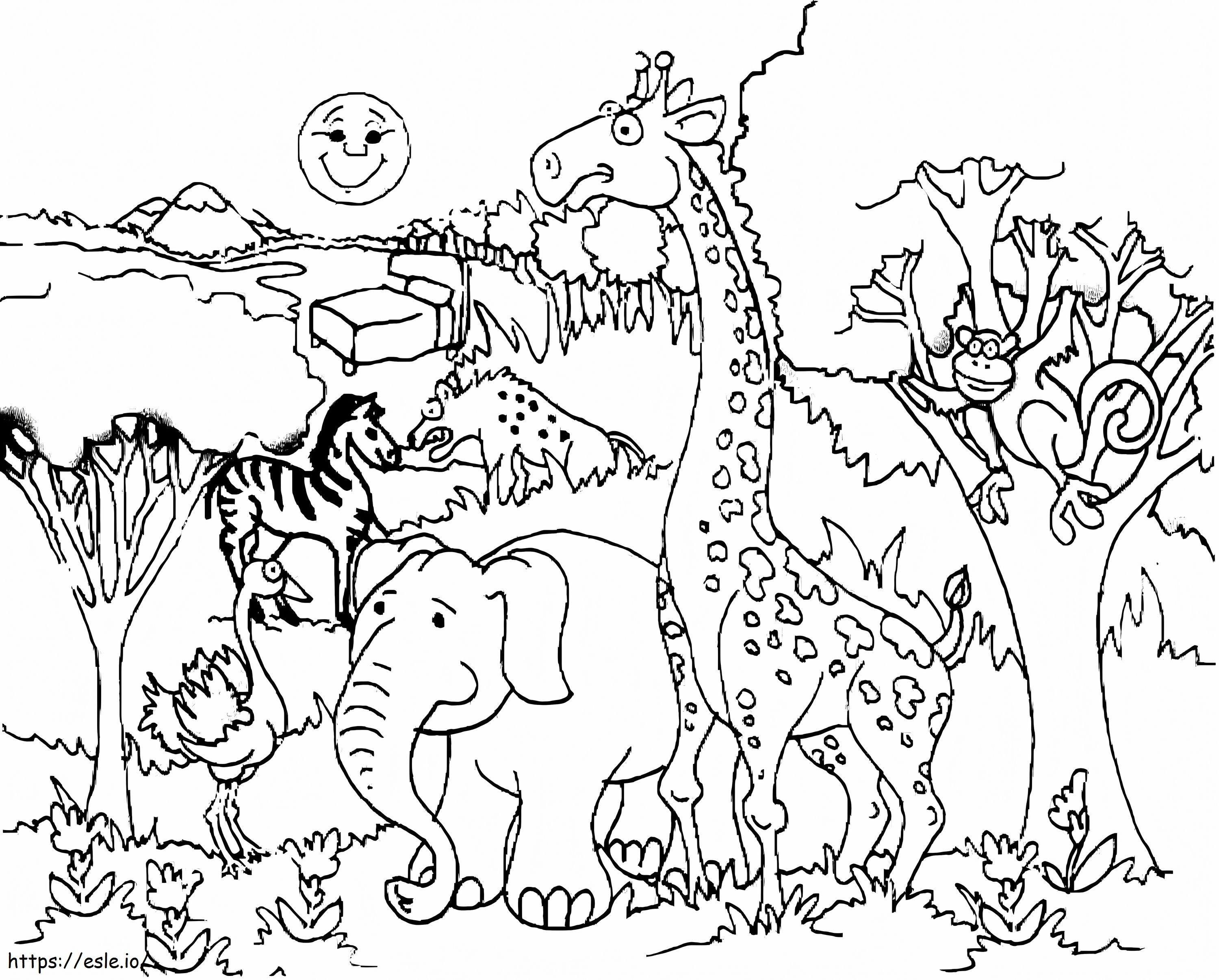 Jirafa y animales en el zoológico. para colorear