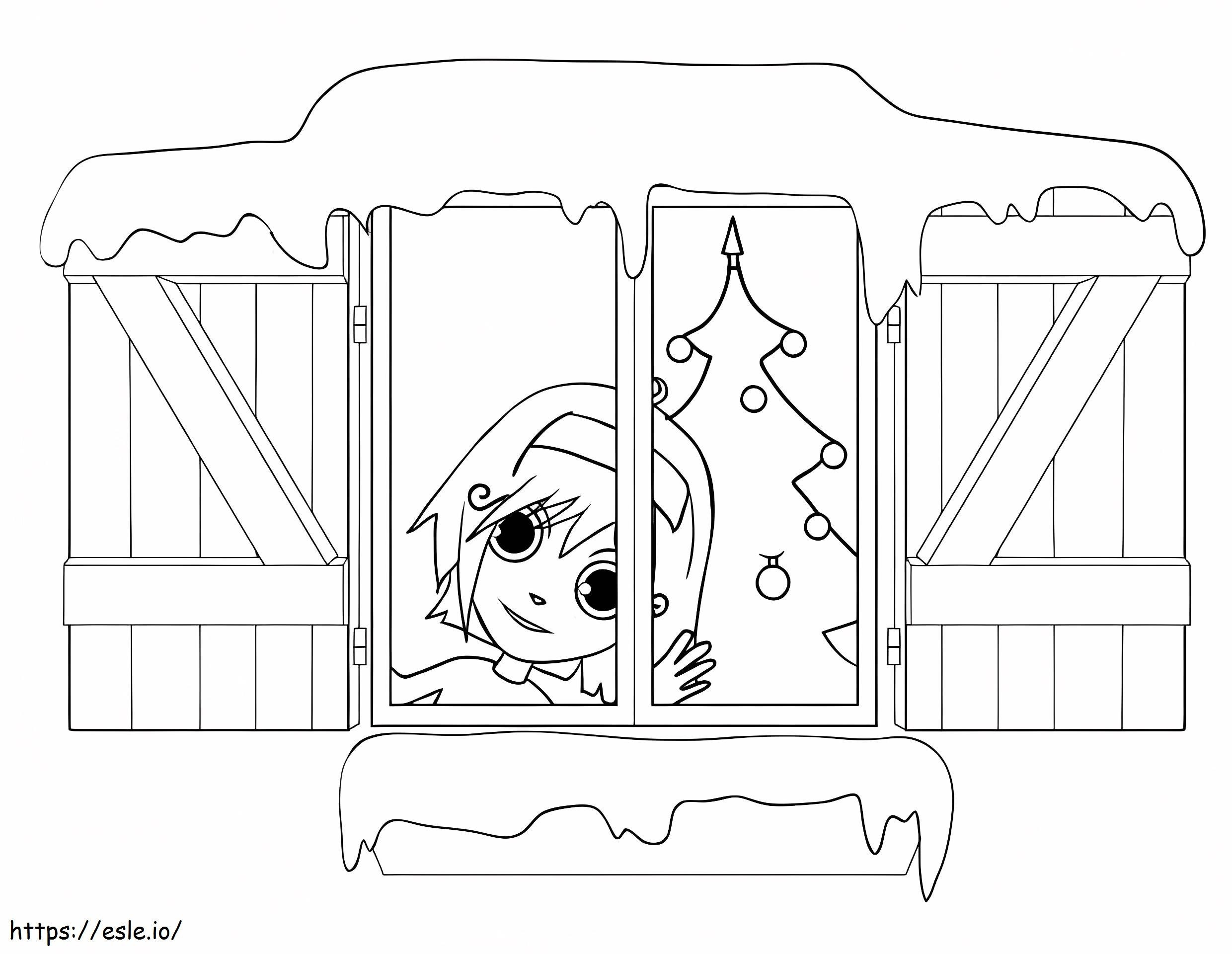 Coloriage Fille regardant par la fenêtre à imprimer dessin
