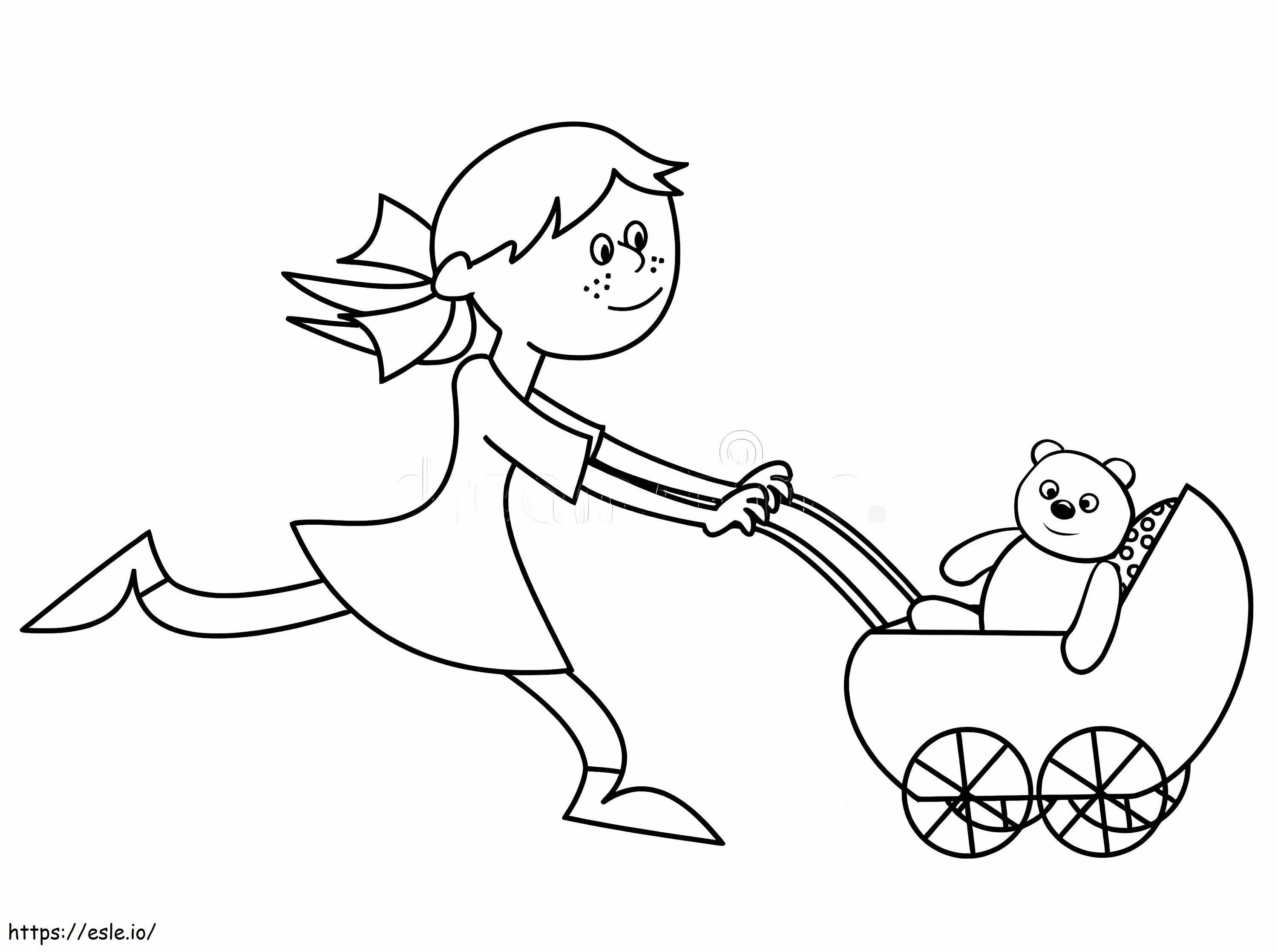 Tyttö ja rattaat Nallekarhun kanssa värityskuva