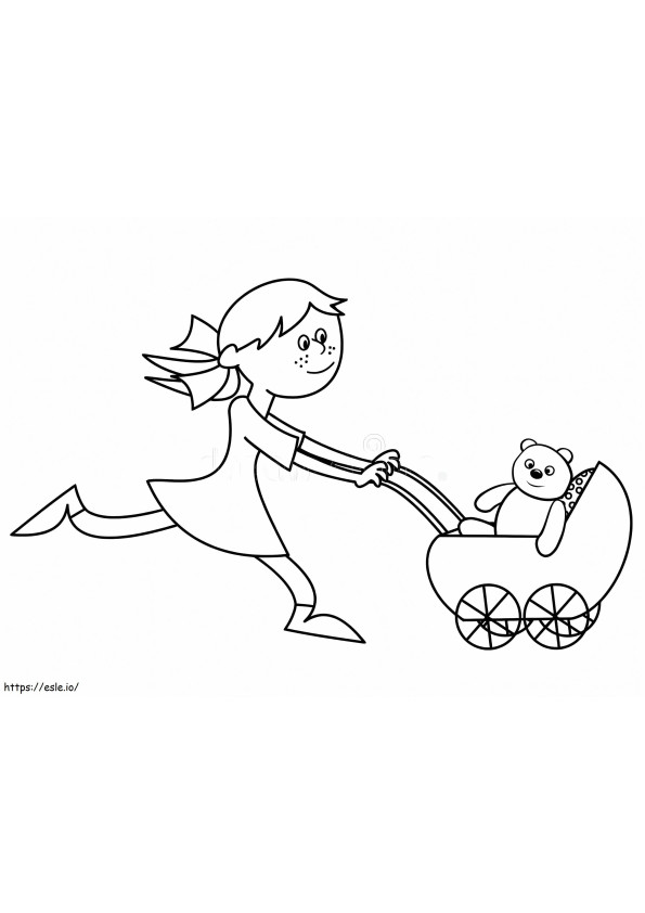 Menina e carrinho com ursinho de pelúcia para colorir