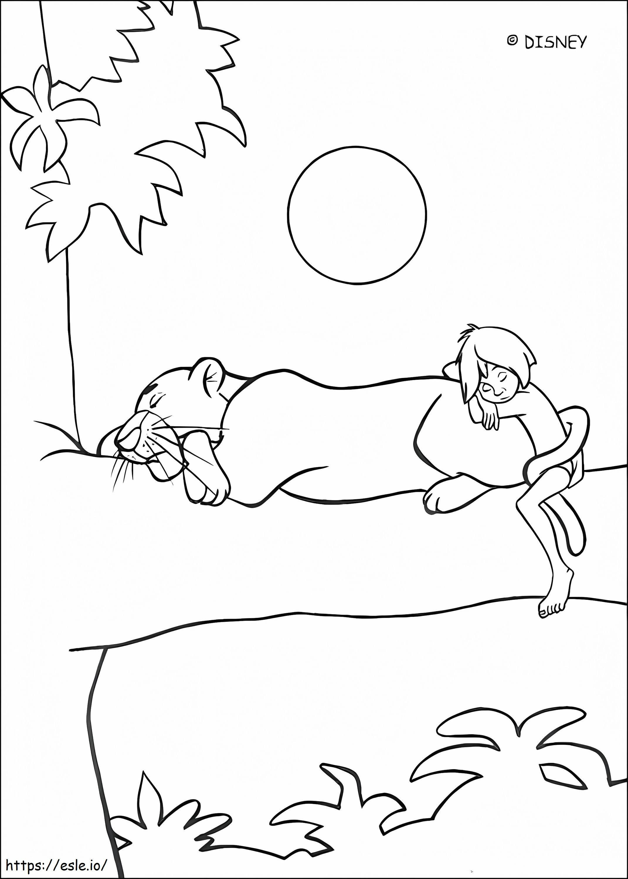 Mowgli com Bagheera dormindo para colorir