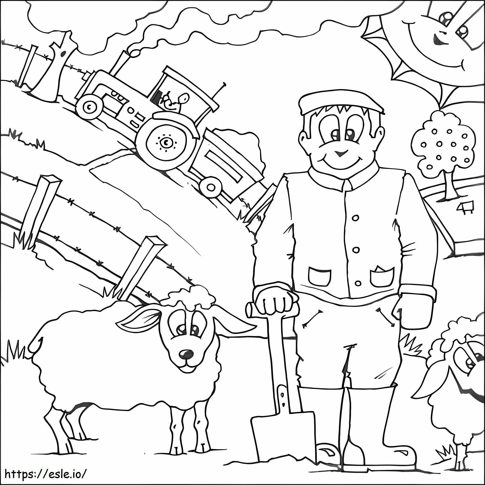 Coltivatore e pecore da colorare