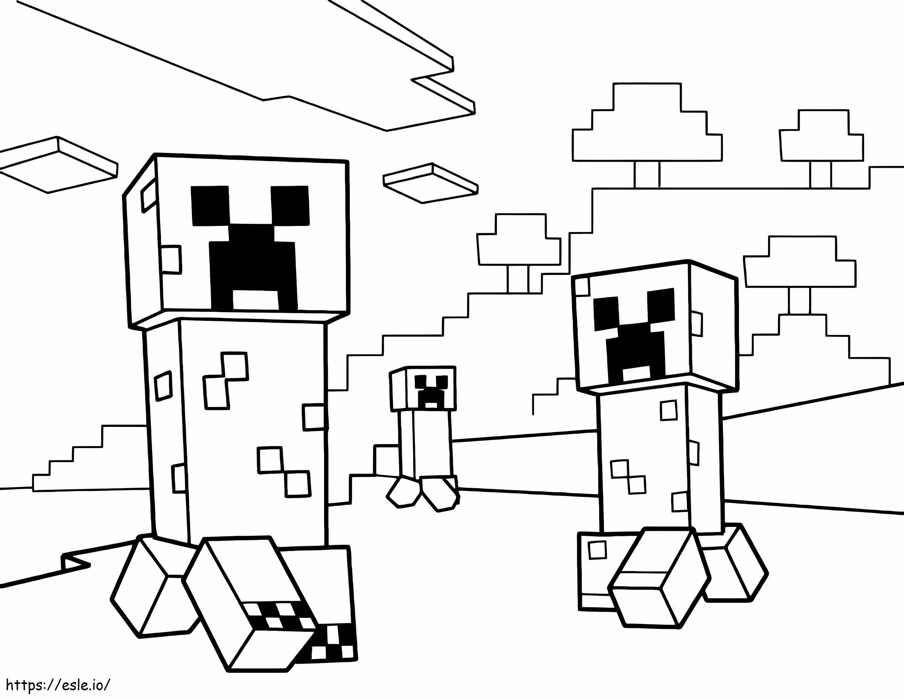 Kolme Minecraft Creeperiä värityskuva