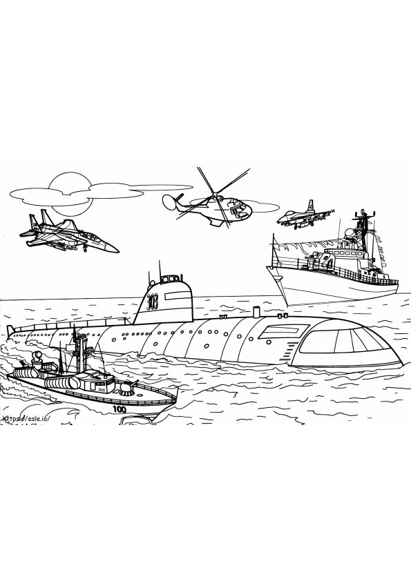 Submarinos y vehículos militares para colorear