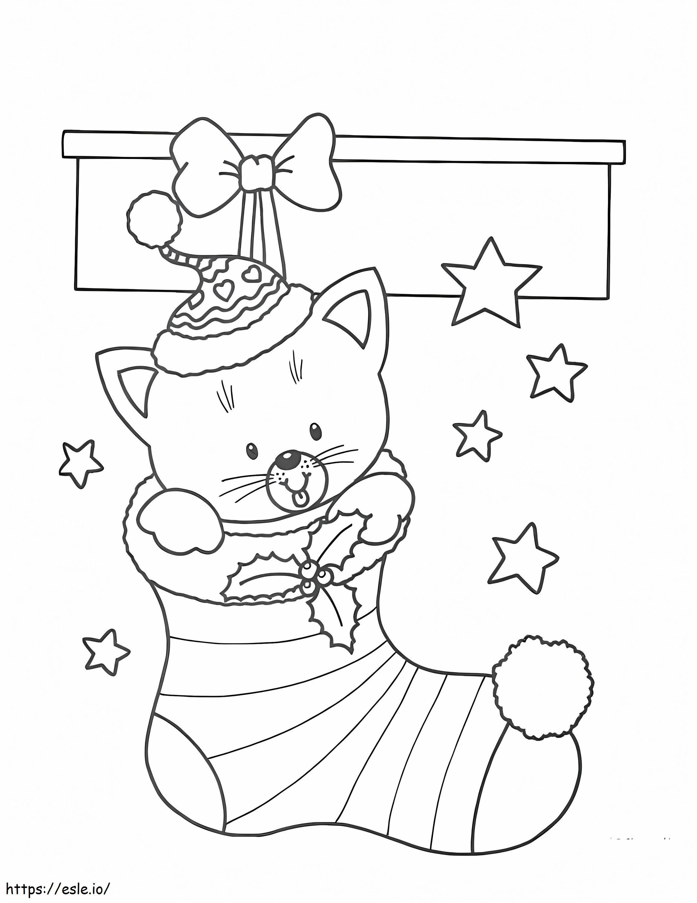 Noel Çorabı İçinde Kedi Yavrusu boyama