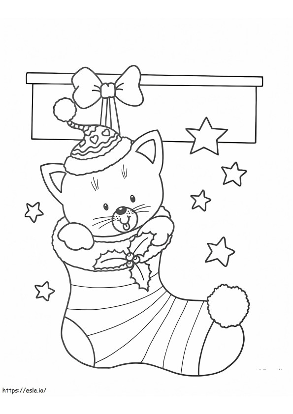Noel Çorabı İçinde Kedi Yavrusu boyama