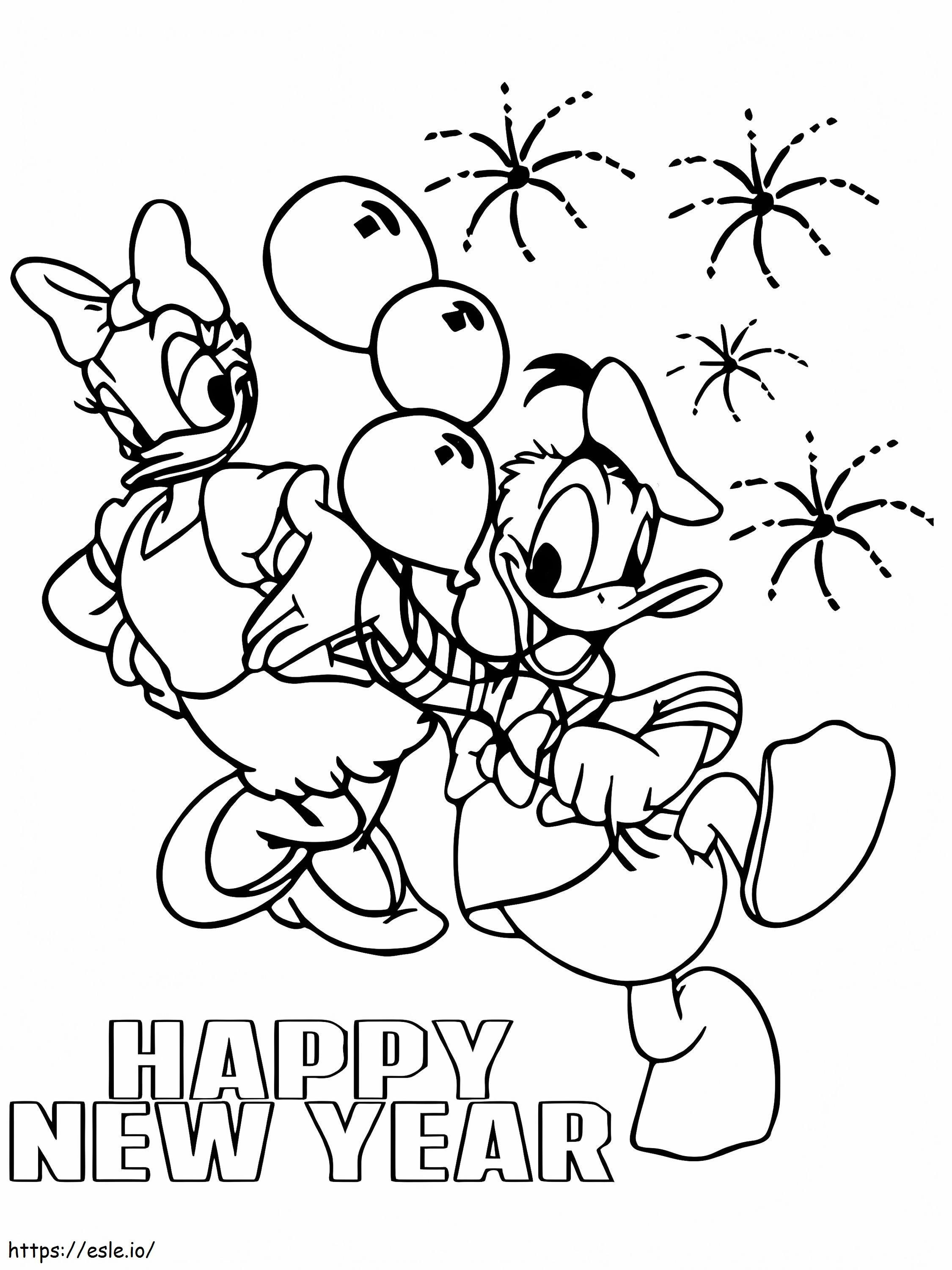 Página para colorir de Feliz Ano Novo com Margarida e Pato Donald para colorir