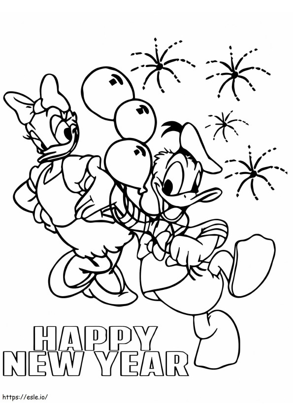 Kolorowanka Daisy i Kaczor Donald Szczęśliwego Nowego Roku kolorowanka