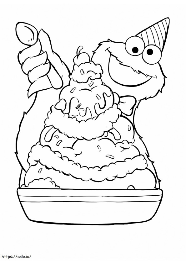 Coloriage Cookie Monster avec un gros gâteau à imprimer dessin